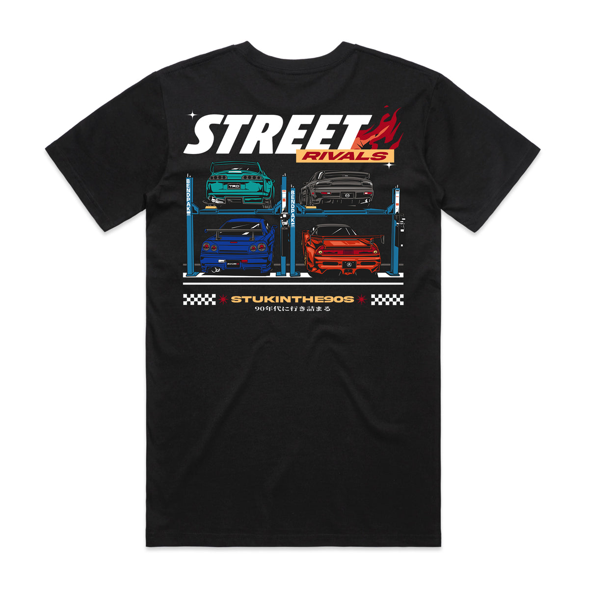 Street Rivals Stuck in the 90s Tee in black, back mockup showing the large graphic