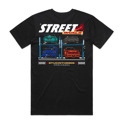 Street Rivals Stuck in the 90s Tee in black, back mockup showing the large graphic