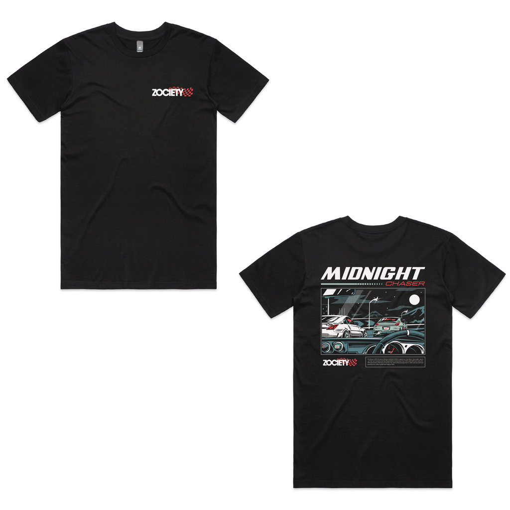 Zociety Midnight Chaser 350Z Tee in black, front and back mockup showing the chest logo and 350Z driving-scene back graphic