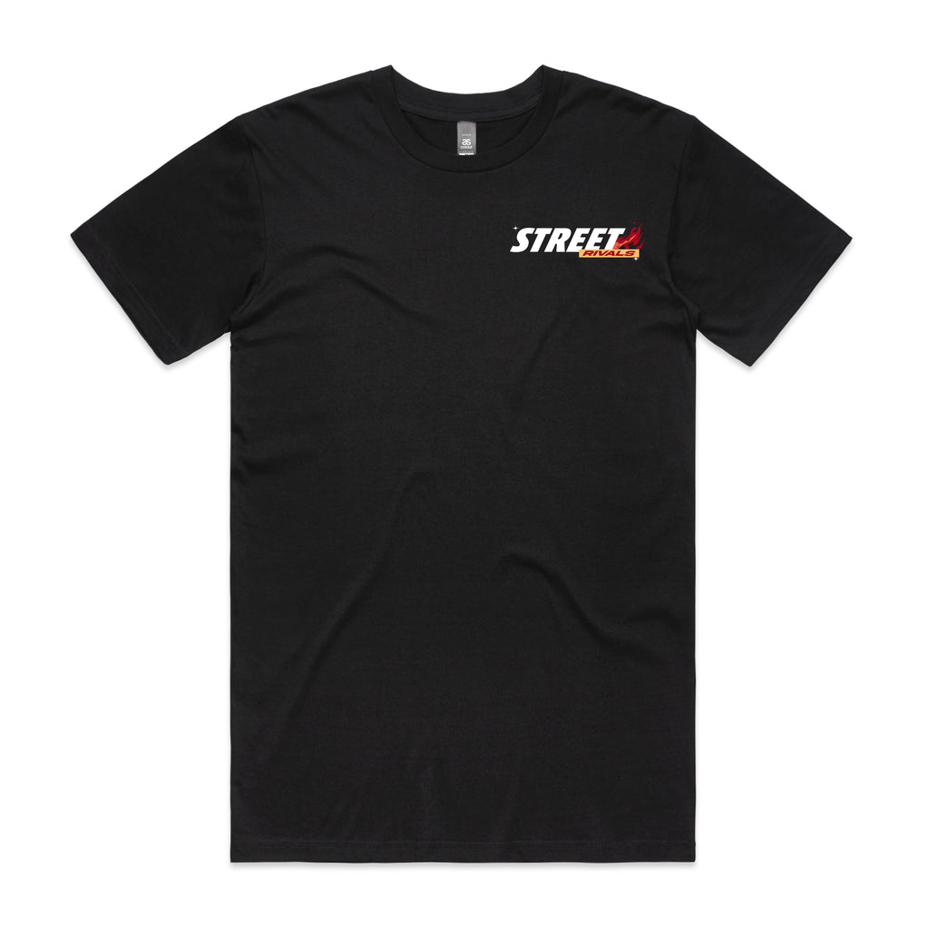 Street Rivals Stuck in the 90s Tee in black, front mockup showing the chest graphic