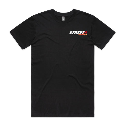 Street Rivals Stuck in the 90s Tee in black, front mockup showing the chest graphic