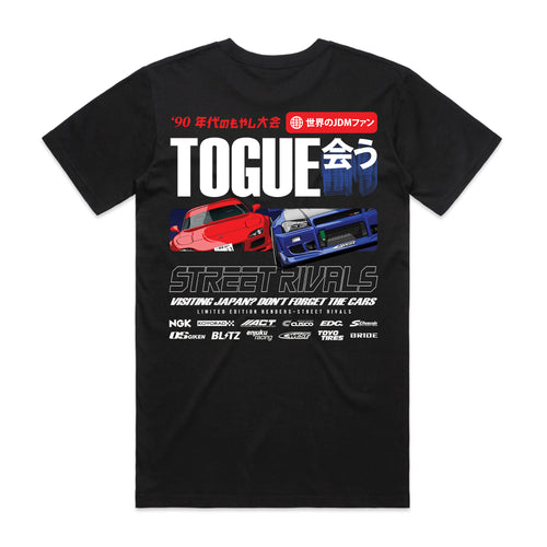 Street Rivals Togue RX-7 vs R34 Tee in black, back mockup showing the large graphic
