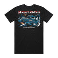 Back of the black Street Rivals Halloween tee with three blue drift cars, horror characters and a red-and-white Street Rivals logo.