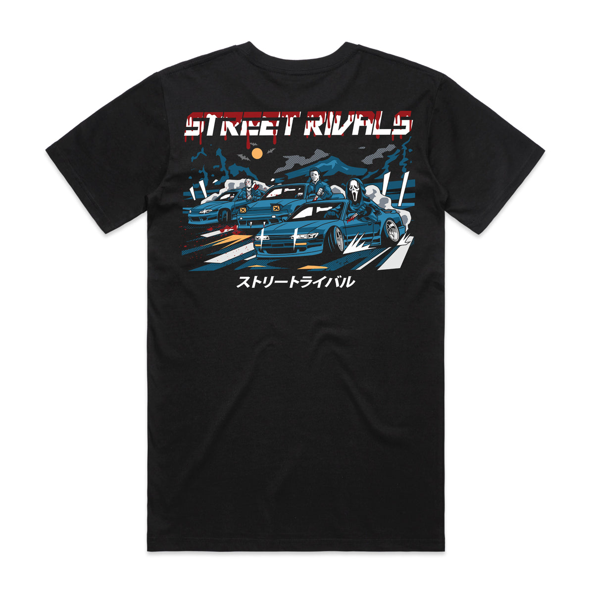 Back of the black Street Rivals Halloween tee with three blue drift cars, horror characters and a red-and-white Street Rivals logo.