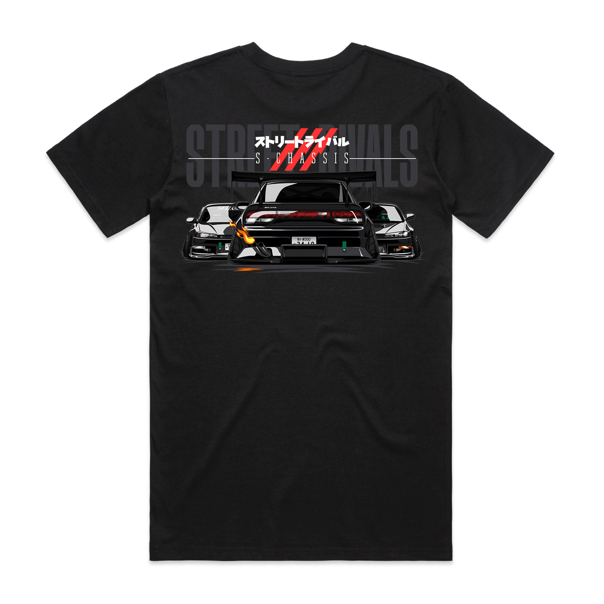 Street Rivals S-Chassis Tee in black, back mockup showing the large graphic