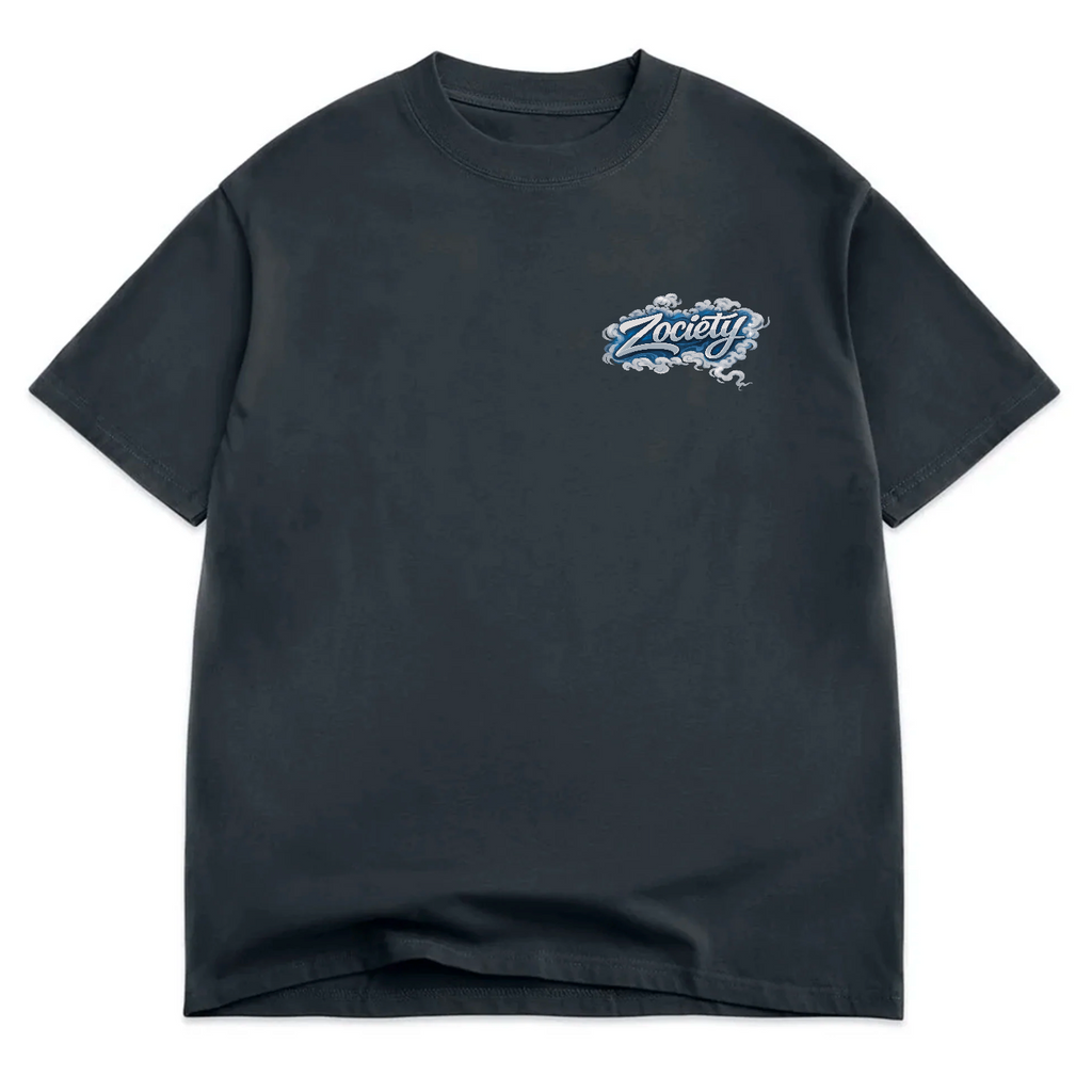 Front of the vintage-black Zociety Above the Clouds oversized tee with a small blue-and-white Zociety cloud logo on the left chest.