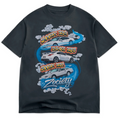 Back of the vintage-black Zociety Above the Clouds oversized tee with Z31, Z32 and Z33 cars, blue swirls, clouds and the Zociety logo.