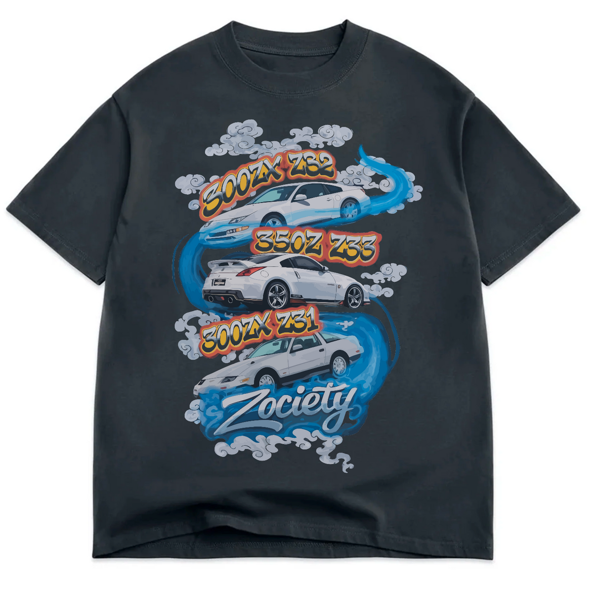 Back of the vintage-black Zociety Above the Clouds oversized tee with Z31, Z32 and Z33 cars, blue swirls, clouds and the Zociety logo.