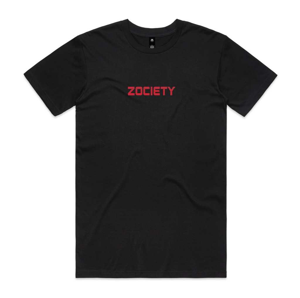 Zociety Retro Glow Tee in black, front mockup showing the chest graphic