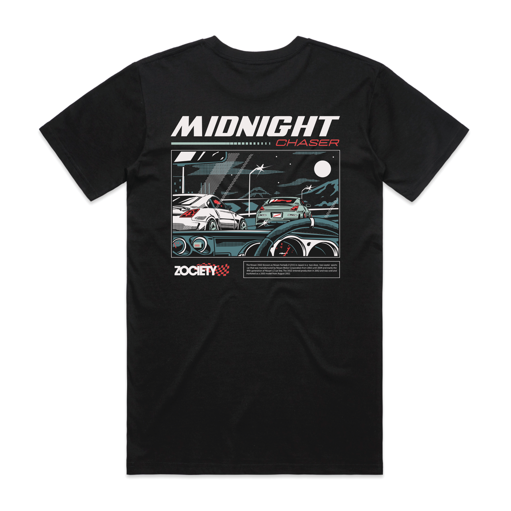 Zociety Midnight Chaser 350Z Tee in black, single back mockup showing the 350Z driving-scene graphic