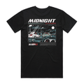 Zociety Midnight Chaser 350Z Tee in black, single back mockup showing the 350Z driving-scene graphic