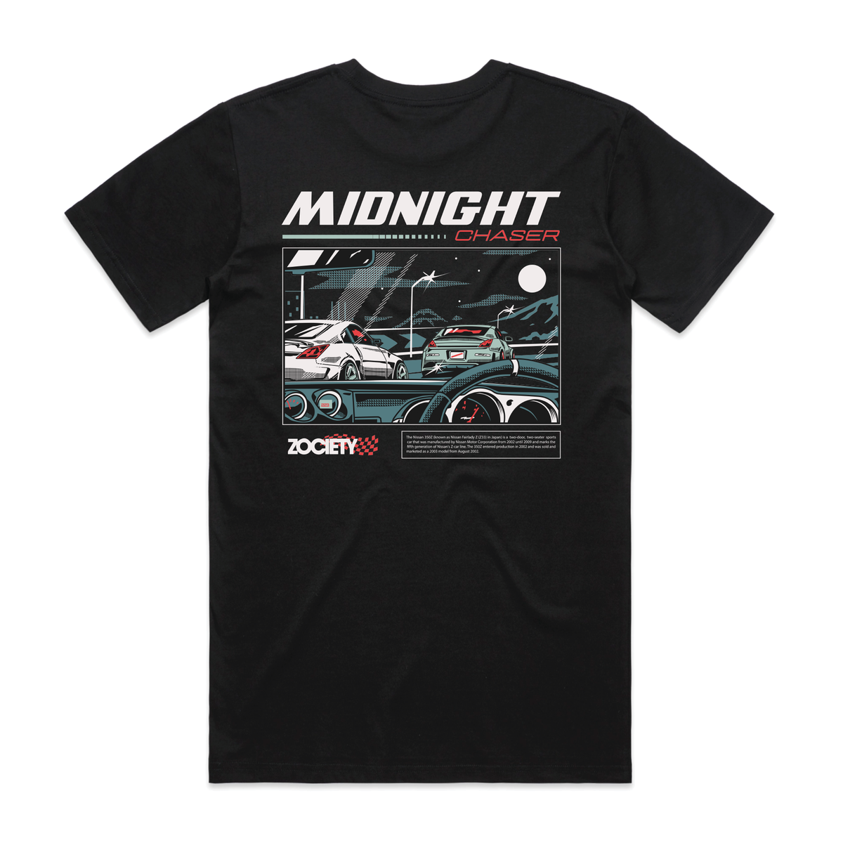 Zociety Midnight Chaser 350Z Tee in black, single back mockup showing the 350Z driving-scene graphic