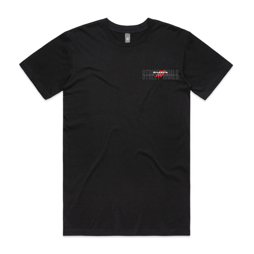 Street Rivals S-Chassis Tee in black, front mockup showing the chest graphic