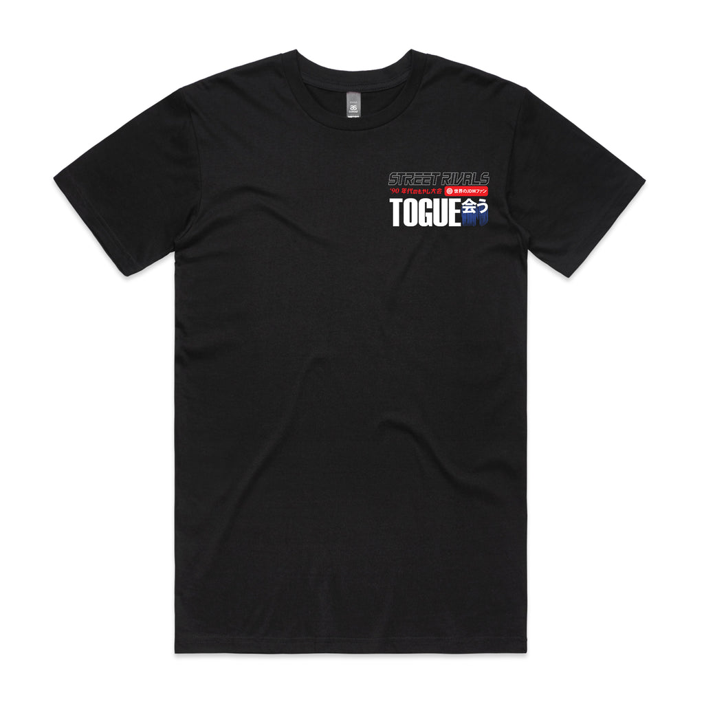 Street Rivals Togue RX-7 vs R34 Tee in black, front mockup showing the chest graphic