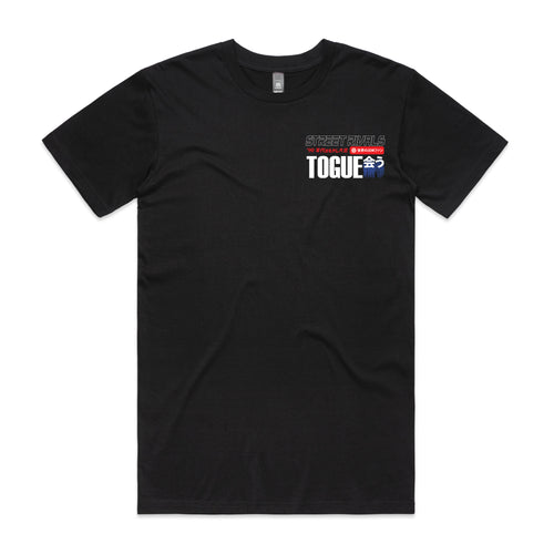 Street Rivals Togue RX-7 vs R34 Tee in black, front mockup showing the chest graphic